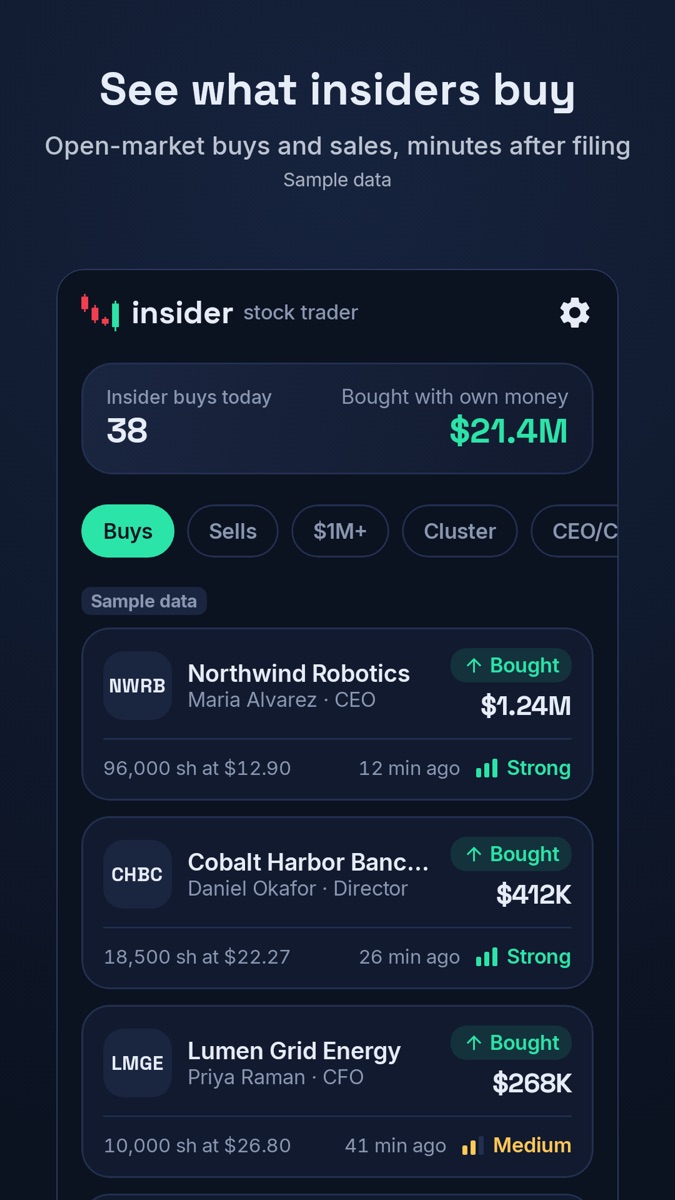 Feed of insider open-market buys with value, role and signal strength (sample data)